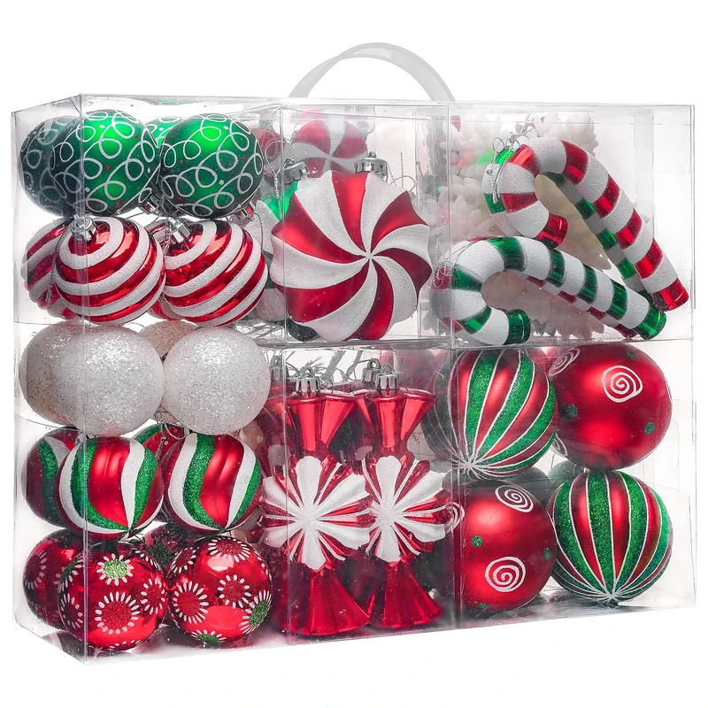 Valery Madelyn Christmas Ornaments Set, 108ct Candy Cane Red Green White Shatterproof Christmas Tree Decorations Ball Ornaments Bulk, Decorative Hanging Ornaments for Xmas Trees Holiday Party Decor