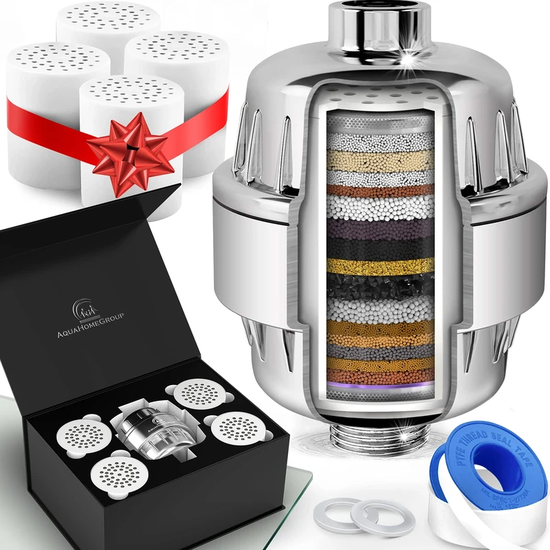 AquaHomeGroup 20 Stage Shower Filter with Vitamin C for Hard Water - High Output Shower Water Filter to Remove Chlorine and Fluoride - 5 Cartridges Included -Consistent Water Flow Showerhead Filter