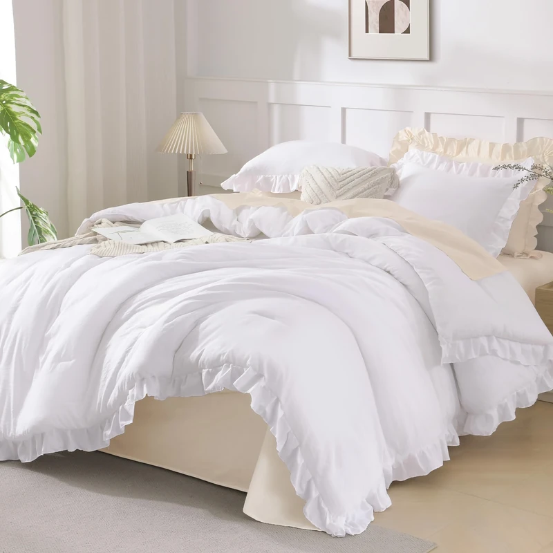 Andency White Comforter Full Size, 3 Pieces Solid Farmhouse Shabby Chic Ruffle Bedding Sets, All Season Soft Lightweight Comfy Down Alternative Bed Set for Girls Teens Men Women