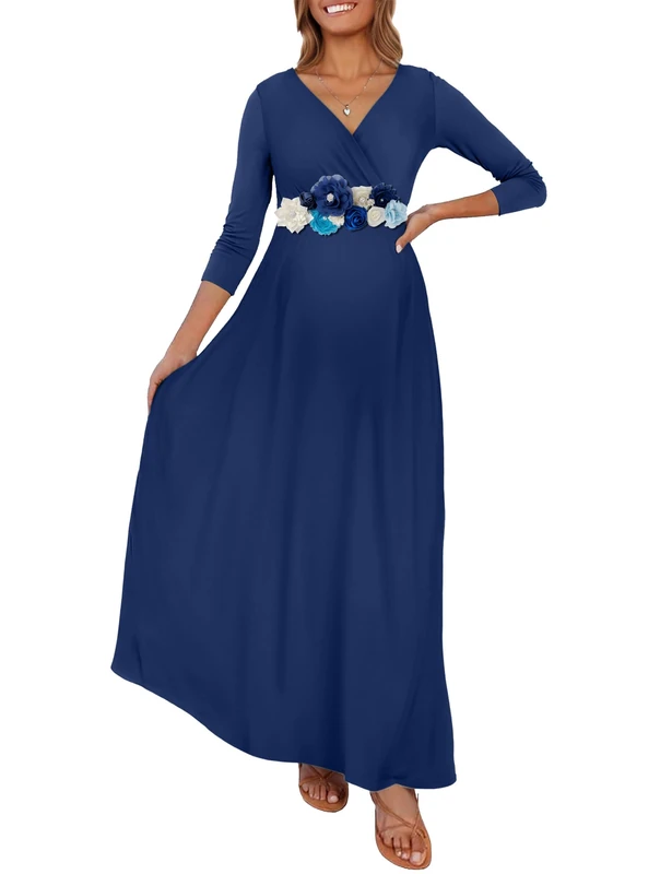 KIM S Maternity Maxi Dress with Flower Sash(S-3XL)/Wrapped Ruched V Neck Photoshoot Baby Shower Dresses, Navy Blue, L