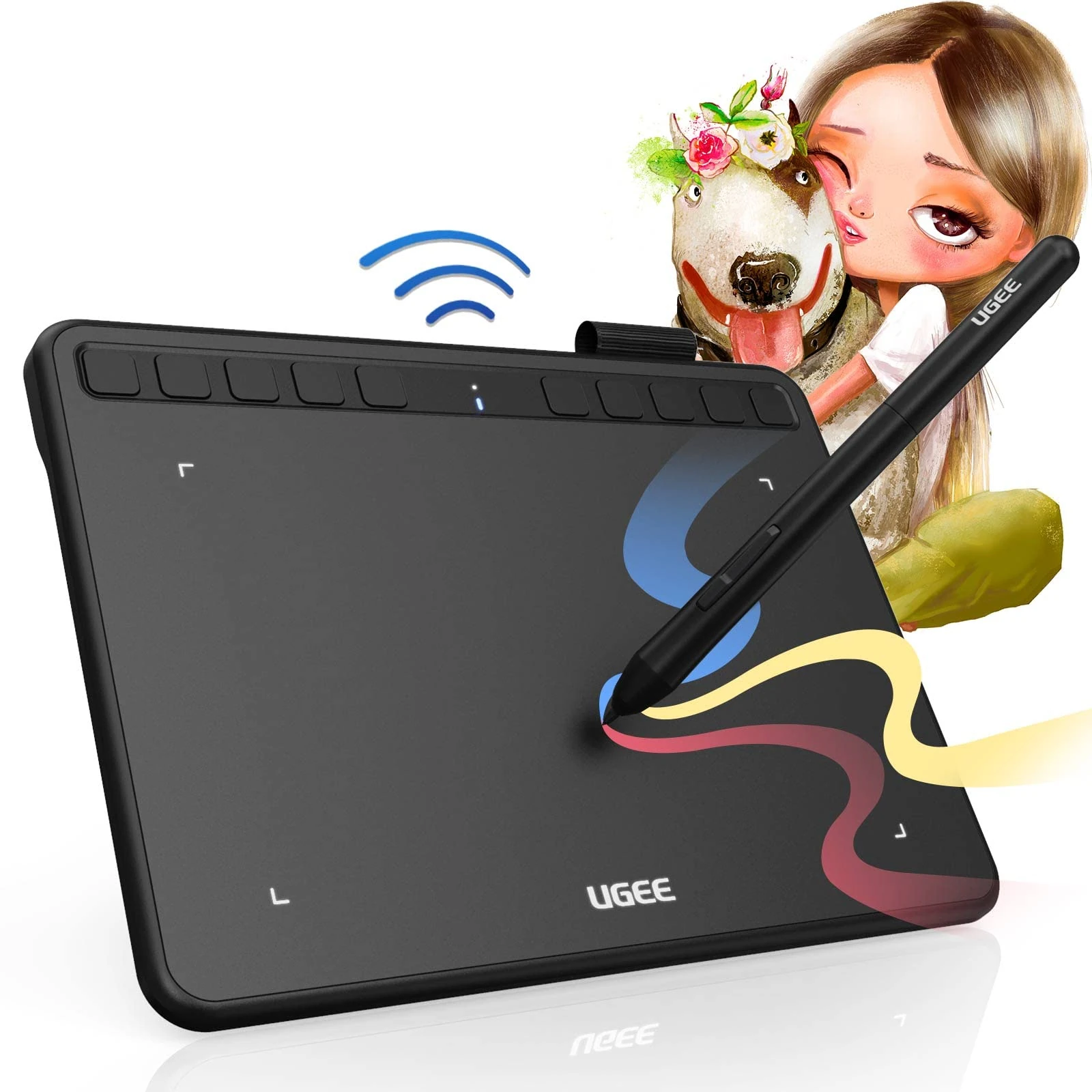 UGEE Drawing Graphics Tablet 6.5x4 Graphics Pad with Battery-Free Stylus Tilt Function 8192 Pressure Sensitivity 10 Express Keys Pen Tablet for Beginner (6.5 inch wireless Drawing Tablet-Black)