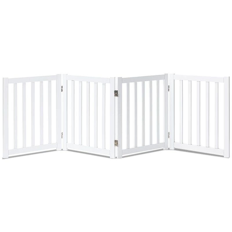 LZRS Oak Wood Foldable Pet Gate,Wooden Dog Gate,Cat Gate,Pet Gate with Pet Collar for House Doorway Stairs,Freestanding Gate Safety Fence (4 Panel 24”, White)