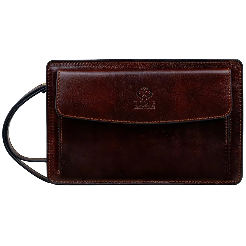 Time Resistance Brown Leather Clutch Purse for Men - Handmade Men's Wrist Bag - Italian Leather Clutch Bag - Small Business Briefcase - Small Everyday Items Organizer - Men's Handbag