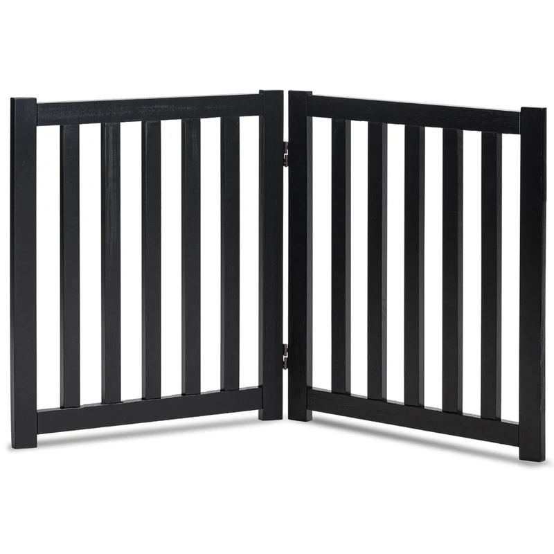 LZRS Oak Wood Foldable Pet Gate,Wooden Dog Gate,Cat Gate,Pet Gate with Pet Collar for House Doorway Stairs,Freestanding Indoor Outdoor Gate Safety Fence，2 Panel 24"-Black