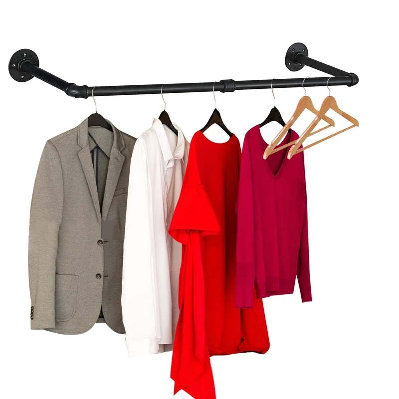 Varsoul 54 2 Base Pipe Clothes Racks Heavy Duty Industrial, DIY Floating Hanger Rustic Home Pipe Decor Multifunctional Wall Mounted Garment Rack For Cloackrooms Bathroom Black Iron – 1 Pcs Hardware