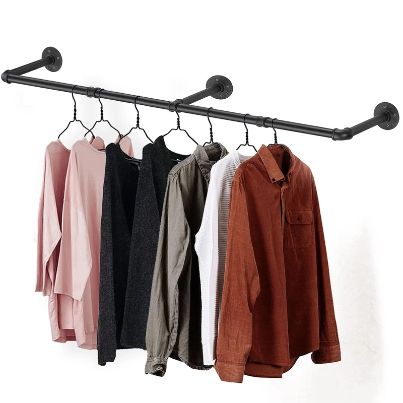 Varsoul 72 3 Base Pipe Clothes Racks Heavy Duty Industrial DIY Floating Hanger Rustic Home Pipe Decor Multifunctional Wall Mounted Garment Rack For Cloackrooms Bathroom Black Iron 1 Pcs Hardware Only
