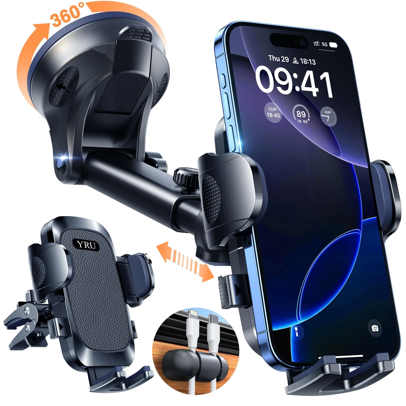 [True Military-Grade & 360° Rotatable Suction] 2025 YRU Ultimate Car Phone Holder Mount90+LBS Safest Strongest & Patent CertsDashboard Windscreen Vent for iPhone 17 16 Pro Max Samsung, Matte Black