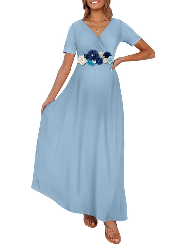 KIM S Maternity Maxi Dress with Flower Sash(S-3XL)/Wrapped Ruched V Neck Photoshoot Baby Shower Dresses, S. Dusty Blue, M