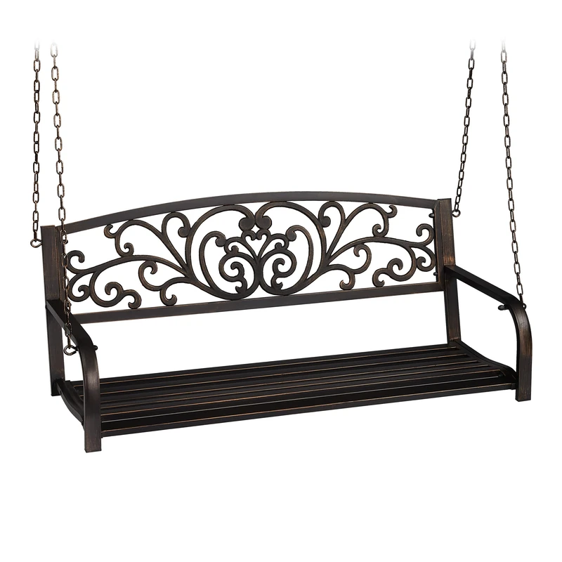 Relaxdays Swing Bench, Suspension, Hang, 2 Seater, Garden, Vintage Design, Metal, HxWxD: 190 x 133 x 55 cm, Black/Bronze