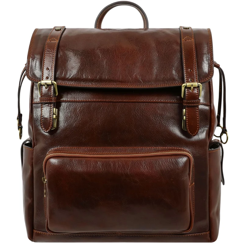 Time Resistance Leather Italian Backpack - Travel Bag Carry On Full Grain - Real Leather Bag (Brown)
