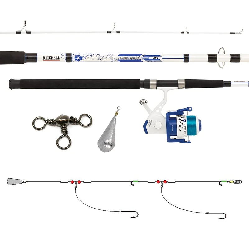 Mitchell Amz Neuron Spin Combo; Boat Fishing Rod and Reel Set for Botto m Sea Fishing, Ideal for Dorade, Sea Bream, Porgy, Seabass, Flounder and Whiting, 2.12 m | 60-120g, White/Blue