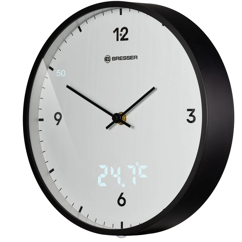 Bresser MyTime Wireless Wall Clock without Ticking Noises with 24 cm Large Dial, LED Second Display, Indoor Temperature and Silent Radio-Controlled Clock, White