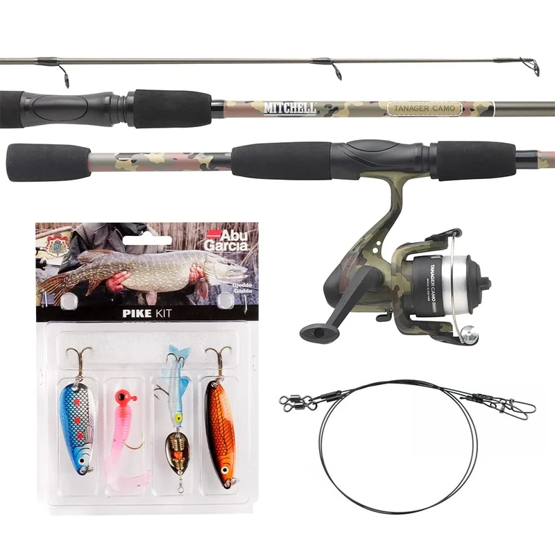 Mitchell Tanager Camouflage fishing set of a rod and reel combo with line and lures for anglers fishing for trout and perch. Available in Telescopic Travel combo kit. Predator fish full set up, 2.42m