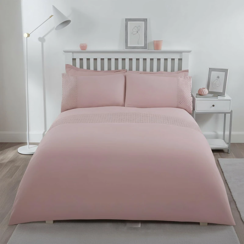 Sleepdown Lace Panel Band Border Blush Pink Luxury Soft Easy Care Duvet Cover Quilt Bedding Set with Pillowcases - Super King (220cm x 260cm), 5056242802457