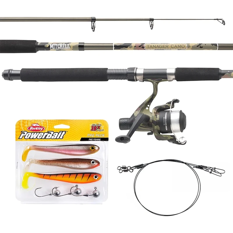 Mitchell Tanager Camouflage fishing set of a rod and reel combo with line and lures for anglers fishing for trout and perch. Available in Telescopic Travel combo kit. Predator fish full set up, 2.7m
