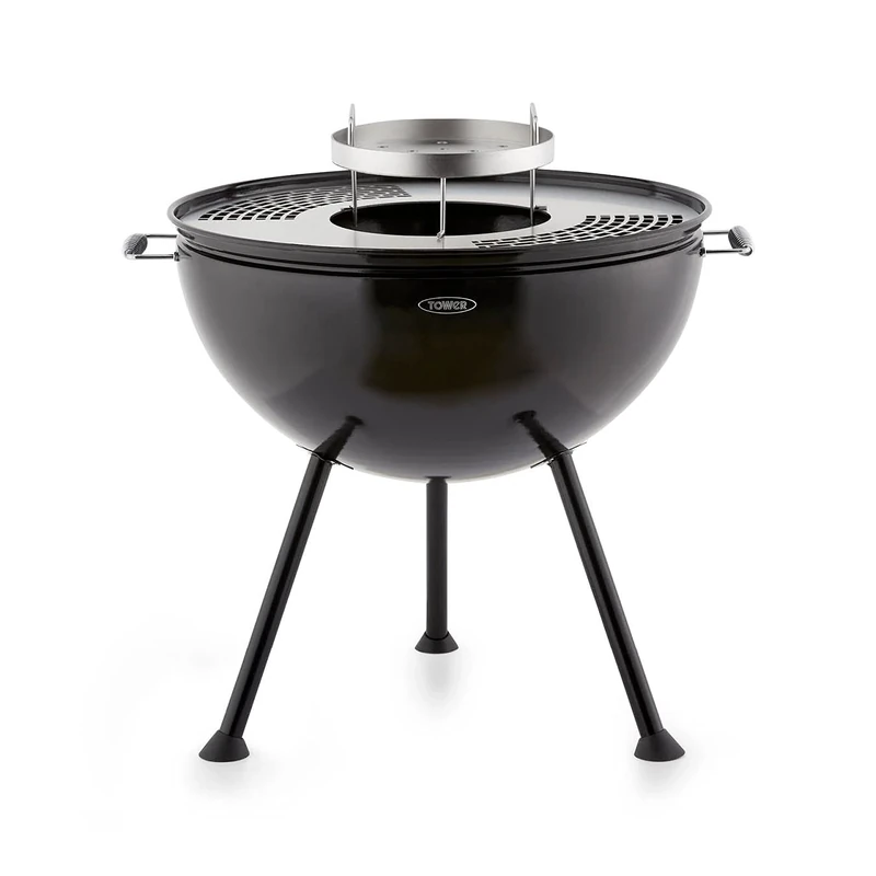 Tower T978512 2-in-1 Sphere Fire Pit and Charcoal BBQ Grill with Handles, 360 degree access, Easy Clean, Black
