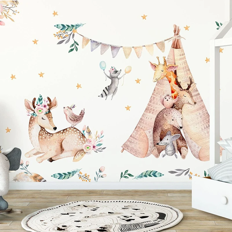 Kids Wall Stickers - Baby Room Decoration - Kids Wall Stickers - Bucolic Woodland Animals Wall Sticker - Giant Animal Wall Sticker - H135 x W120 cm