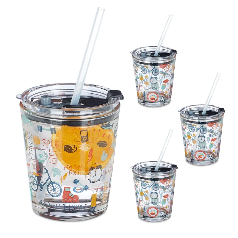 Relaxdays Glass Cups with Lid & Straw, Set of 4, Sport Design, 350 ml each, Kids Drinking Glasses, Tumblers, Transparent