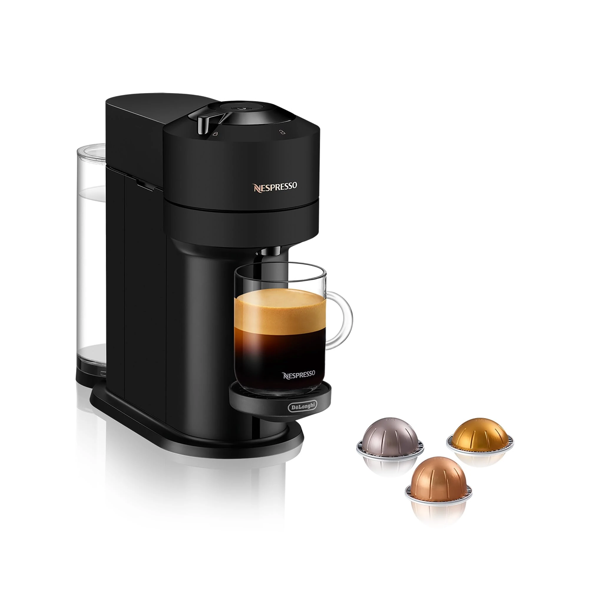 Nespresso Vertuo Next Coffee Machine by De'Longhi, Over 30 Varieties of Pods, 6 Coffee Cup Sizes, Americano, Starter Capsule Set Included, EN120.BM, Matte Black