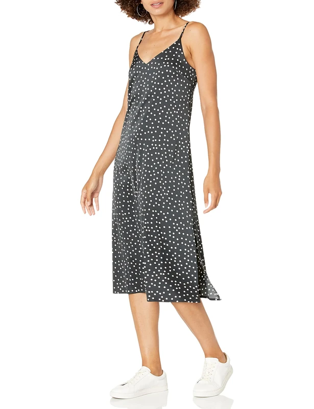 The Drop Women's Ana Silky V-Neck Midi Slip Dress, Black/White Polka Dot, L