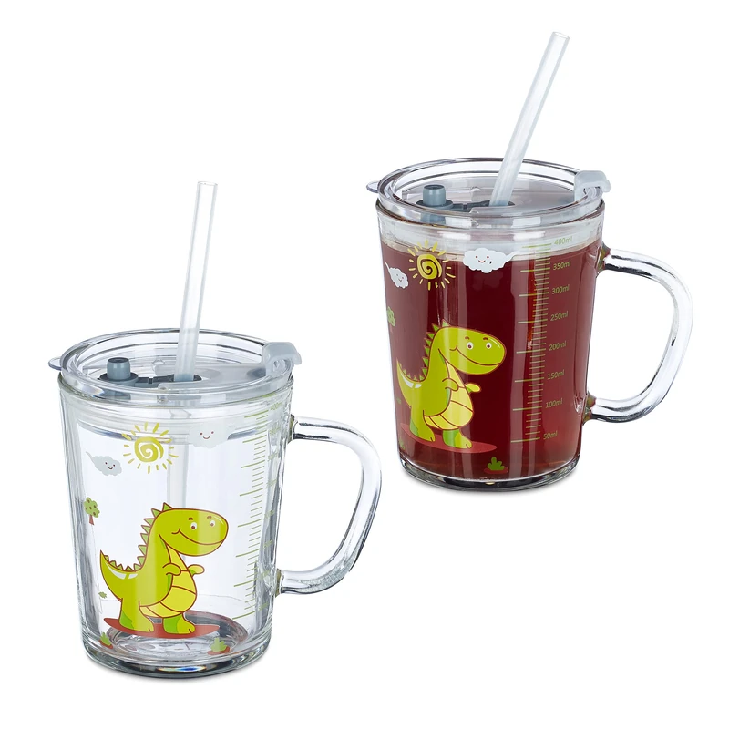 Relaxdays Children's Cups, Set of 2, Dinosaur Design, Drinking Glass for Kids, with Handle, Lid & Straw, 400ml, Clear, 12 x 12.5 x 9.5 cm