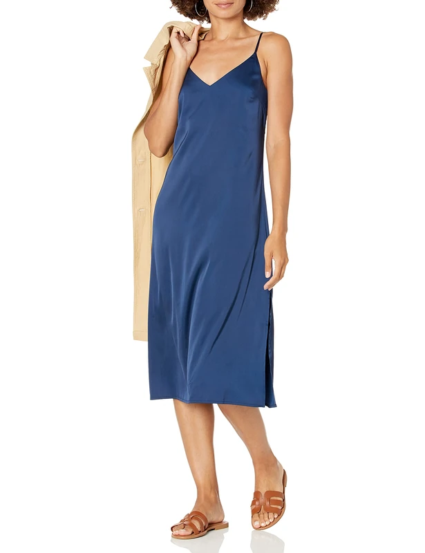 The Drop Women's Ana Silky V-Neck Midi Slip Dress, Navy, S