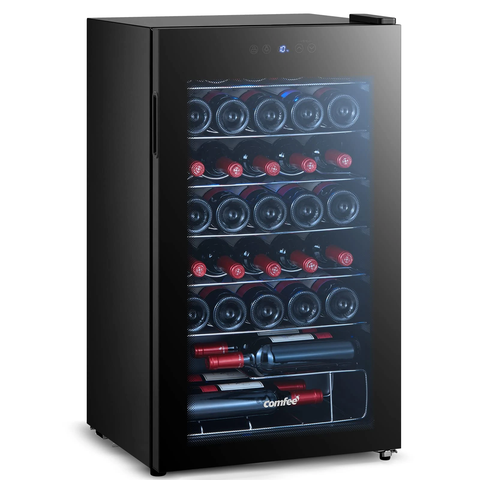 COMFEE' RCW96BG1(E) Under Counter Wine Cooler Fridge | 93L Freestanding Wine Fridges with Glass Door(34 Bottles) | LED Display & Touch Control | 7 Removable Shelves | 39dB Low Noise