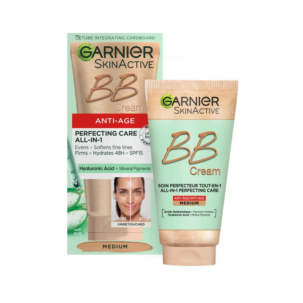 Garnier SkinActive Anti-Age BB Cream, Shade Medium, Tinted Moisturiser SPF 15, Softens Fine Lines & Firms Skin, With Hyaluronic Acid, Aloe & Mineral Pigments, 50 m
