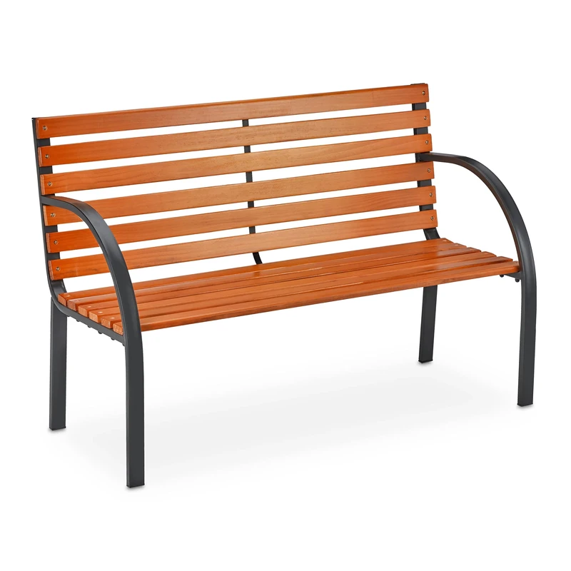Relaxdays garden bench, 2 seater, made of wooden slats, outdoor park bench, 123 x 56 x 83.5 cm (LxWxH), brown/black