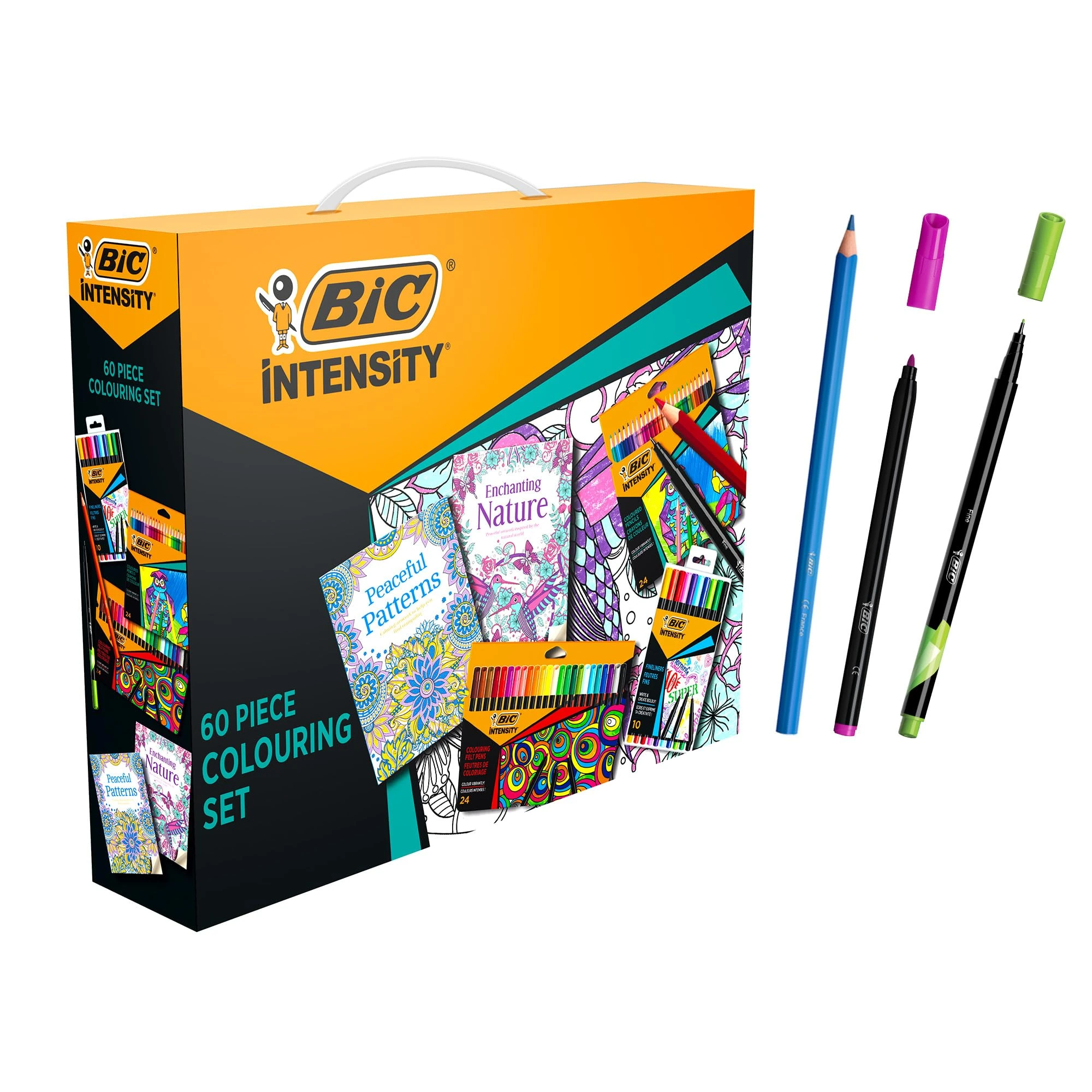 BIC Intensity Adult Colouring Set, 24 Coloured Pencils, 24 Colouring Felt Tip Pens, 10 BIC Pens with Fineliners, 2 Colouring Books, School Supplies, 60 Pack