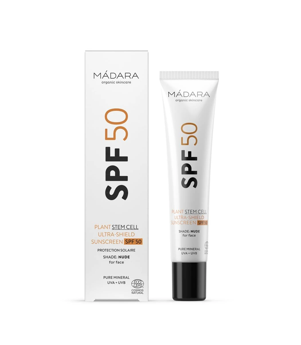MÁDARA Organic Skincare | Plant Stem Cell Ultra-Shield Sunscreen SPF 50 – 40 ml, Tinted mineral sunscreen with zinc oxide, Natural UVA/UVB protection, Reef-friendly sunscreen