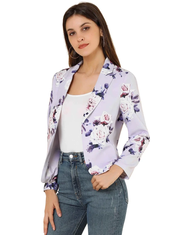 Allegra K Women's Notched Collar Open Blazer Casual Jacket Office Jacket, Purple Floral Print, M