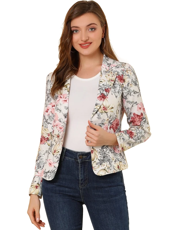 Allegra K Women's Work Casual Fitted Blazer Notch Lapel Printed Open Front Suit Jacket, Beige-Floral, L