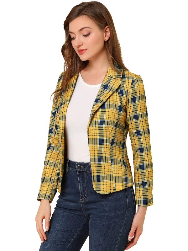 Allegra K Women's Work Casual Fitted Blazer Notch Lapel Printed Open Front Suit Jacket, Yellow-Plaid, L