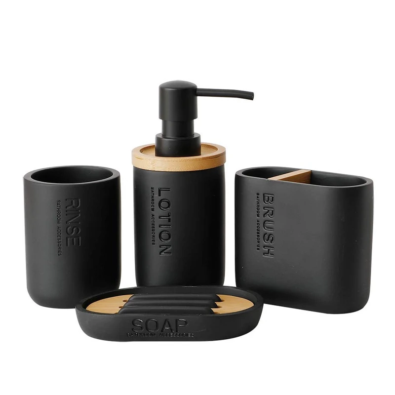 Bamboo Bathroom Accessories Set of 4 with Decorative Wooden Soap Dispenser and Bamboo Soap Dish, Toothbrush Holder, Home Decor (Black)