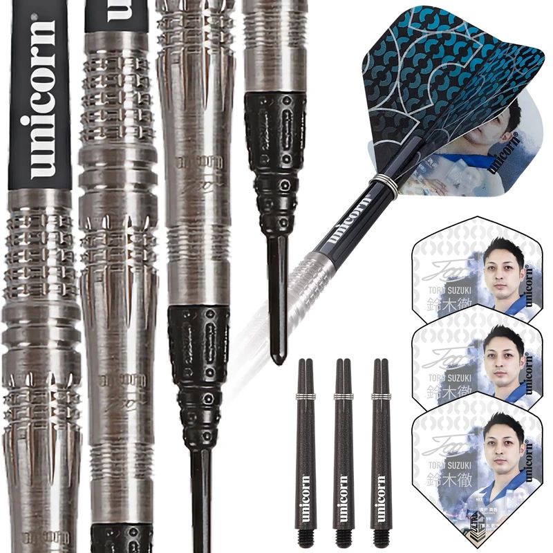 Unicorn Soft Tip Darts Set | Tōru Suzuki Contender Phase 2 | 90% Natural Tungsten Barrels | Gripper 3 Shafts | 22 g