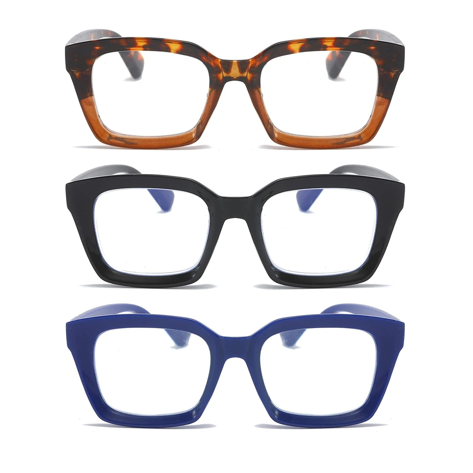 MMOWW 3-Pack Oversized Reading Glasses for Women - Anti Blue Light Glasses with Square Frame +3.0