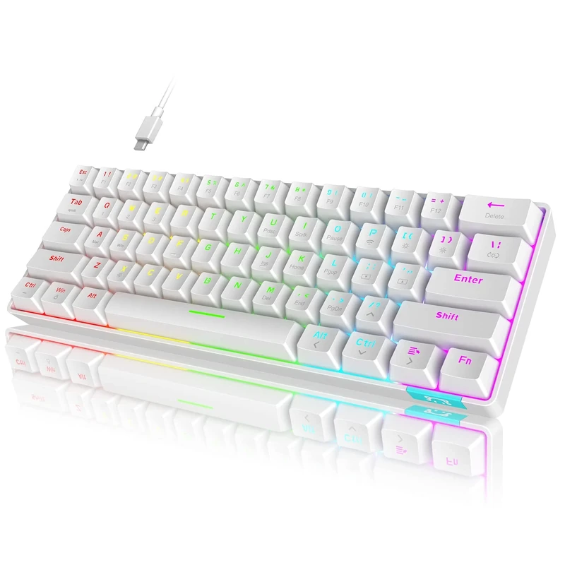 XINMENG RGB Wired Gaming Keyboard, 61 Keys Rechargeable Rainbow Backlit Programmable Mechanical Keyboard Bluetooth 5.0 Wireless (White/Red Switch)