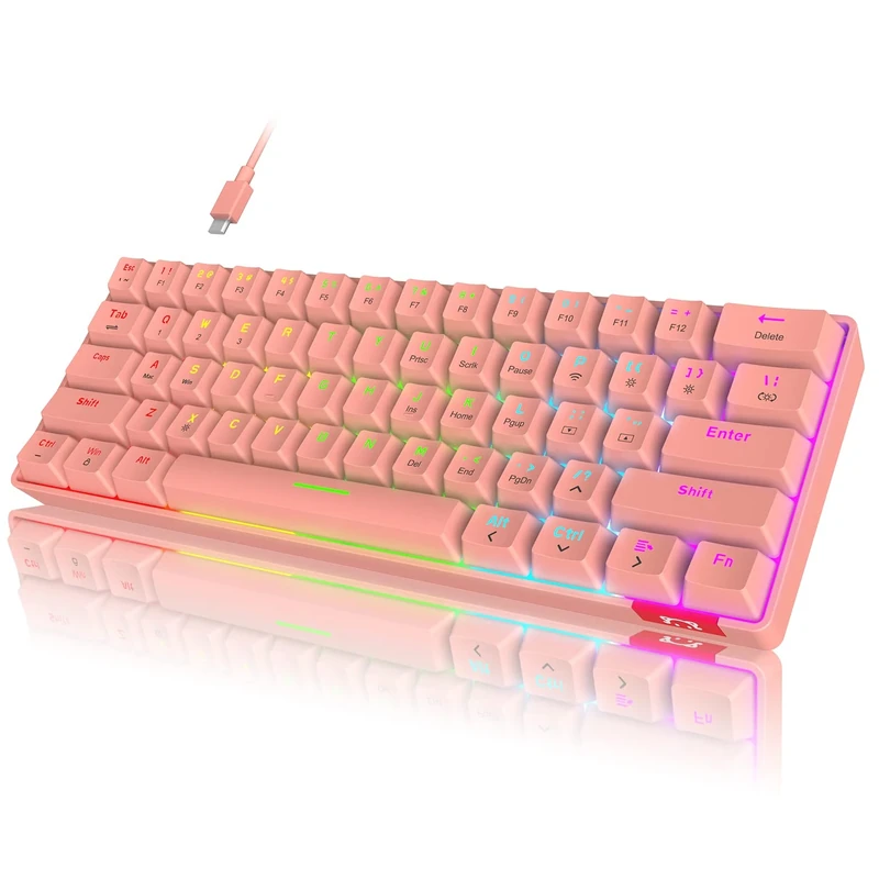 XINMENG SK61 Pink Keyboard, PC Wireless Keyboards, 60% Bluetooth Mechanical Keyboard, Customize Anti-ghosting Cute Keyboard, Rainbow LED Backlit for Laptop Mac Office and Learning, Game - Pink