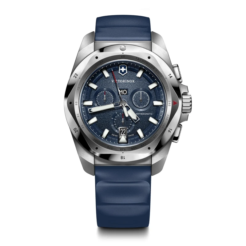 Victorinox Men’s Watch I.N.O.X. Chrono Ø 43 mm, Swiss Made, Analogue Quartz, Water-Resistant up to 200 m, Rubber Strap, Blue