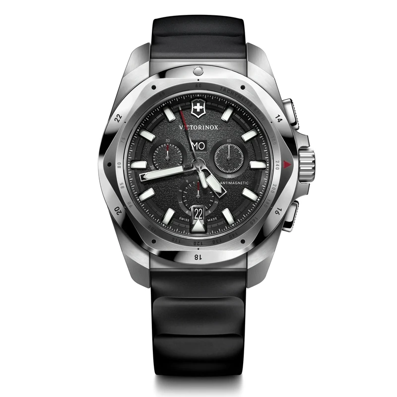 Victorinox Men’s Watch I.N.O.X. Chrono Ø 43 mm, Swiss Made, Analogue Quartz, Water-Resistant up to 200 m, Rubber Strap, Black