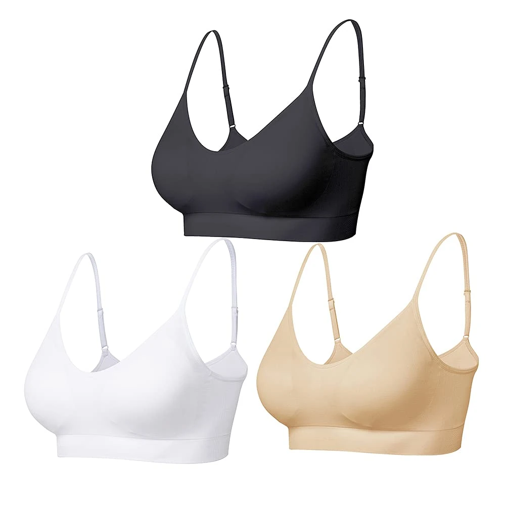 Comfyin Padded Bralette for Women Straps Sleep Bras Seamless Yoga Sport Bras 3 Pack（Black+Beige+White,XL
