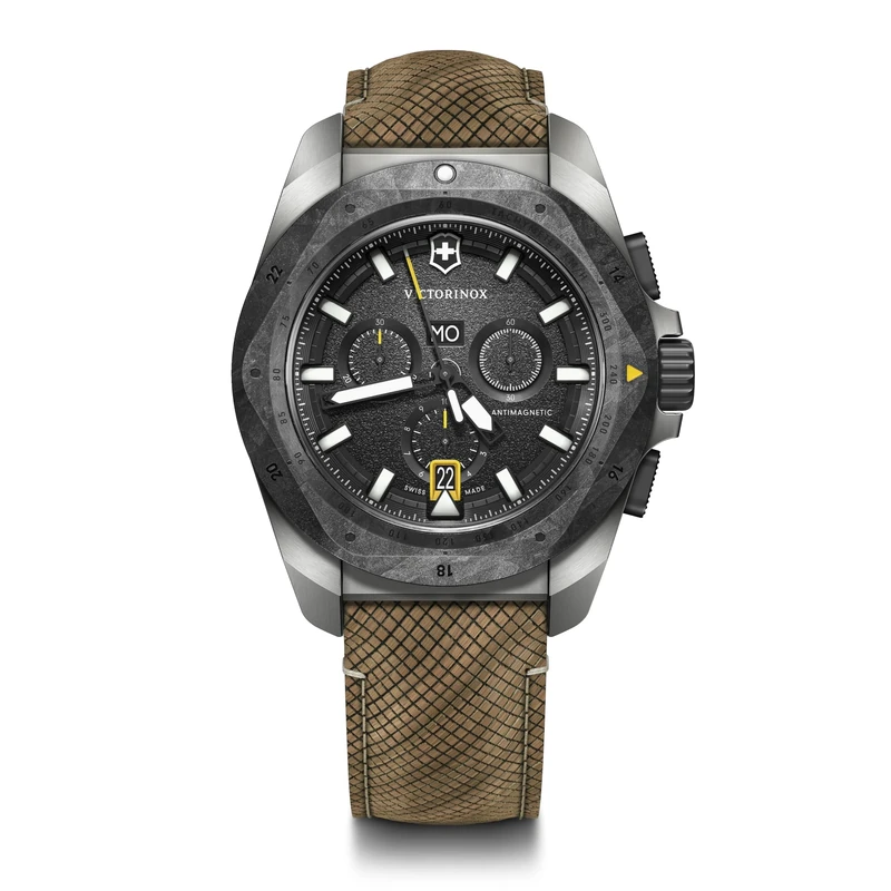 Victorinox Men’s Watch I.N.O.X. Chrono Ø 43 mm, Swiss Made, Analogue Quartz, Water-Resistant up to 200 m, Wood Strap, Black/Brown