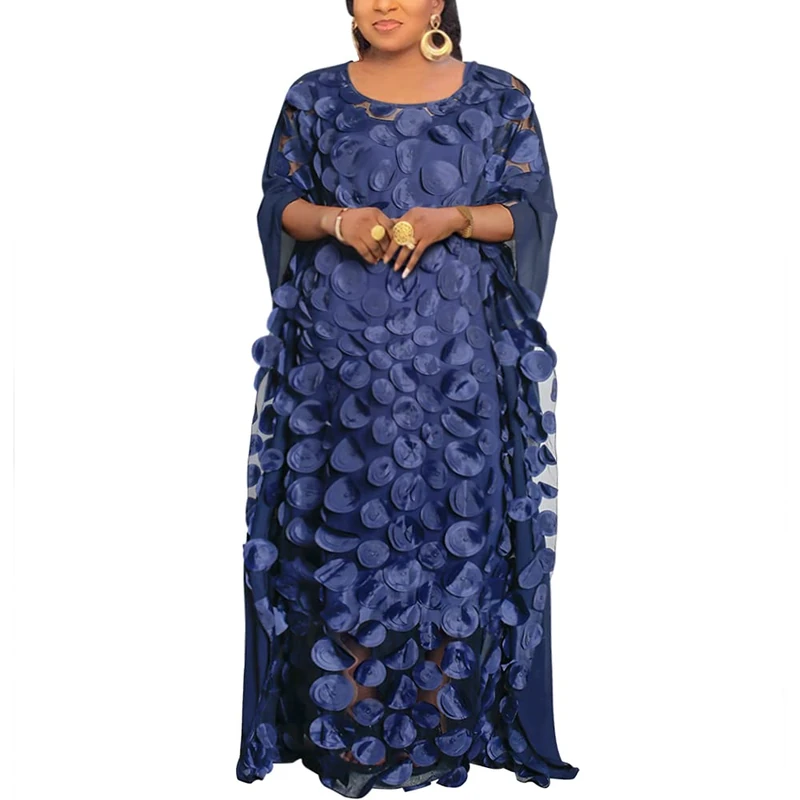 HD African Women Applique Flower Dress Boat Neck Chiffon Kaftan Dress One Size, Navyblue, One Size