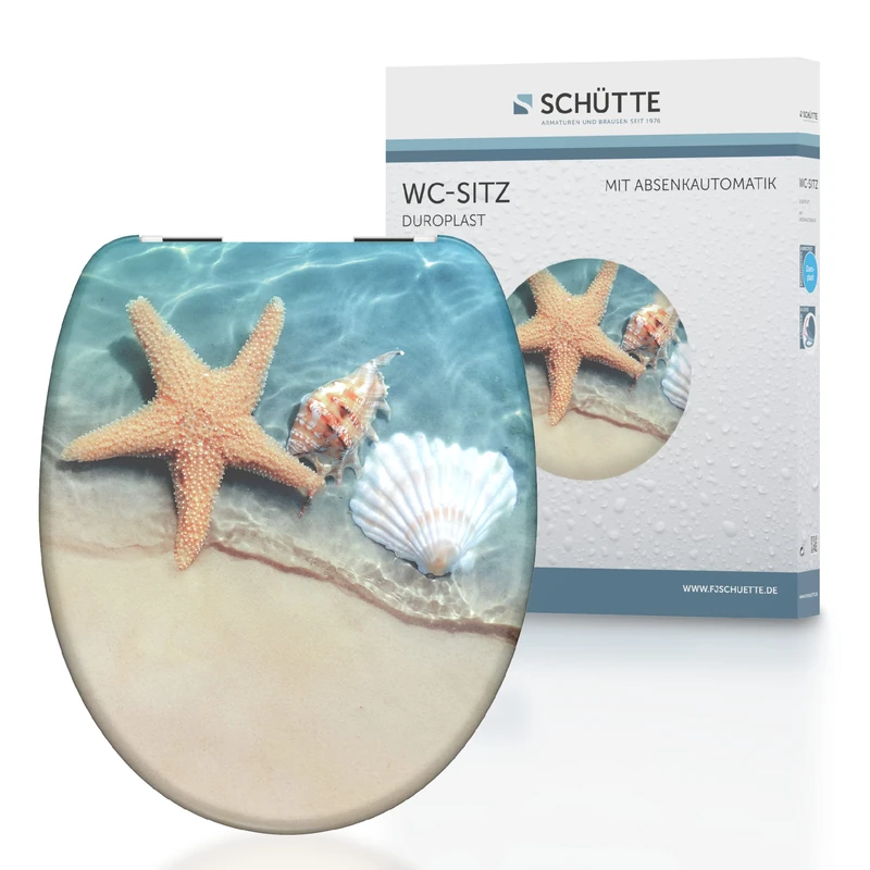Schütte Beach 82196 Toilet Seat Duroplast with Soft-Close Mechanism Suitable for Most Toilet Bowls, Beach Design