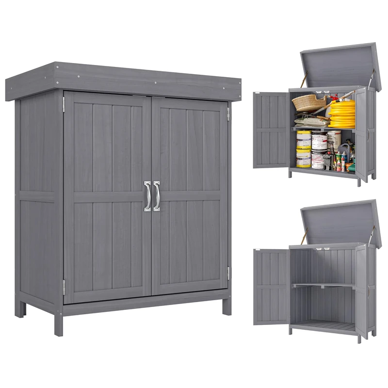 Outsunny Small Shed, Wooden Garden Shed with Openable Hinged Roof and Removable Shelf, Outdoor Tool Storage Cabinet Chest with Double Doors, 74 x 43 x 88 cm, Grey
