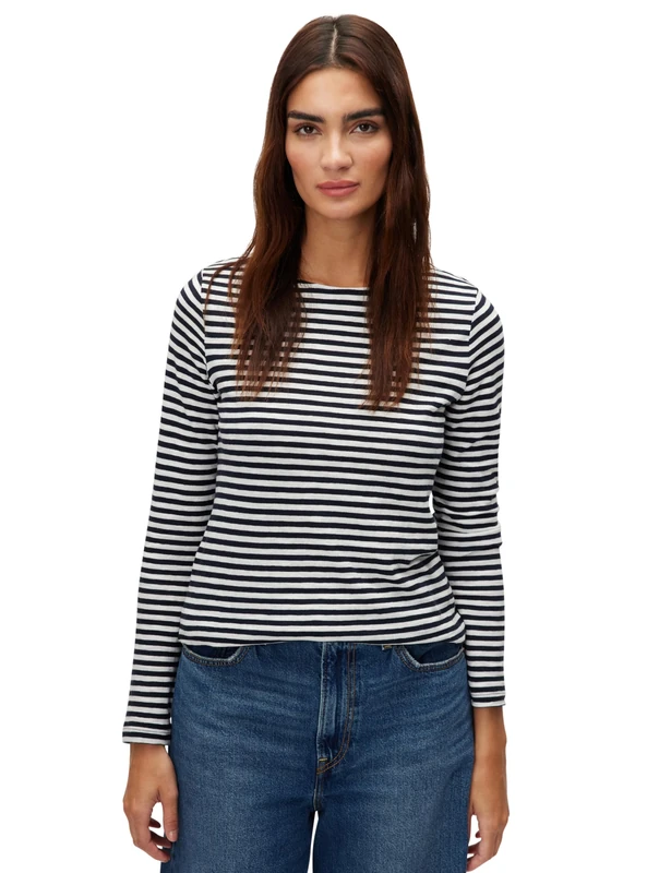 Marc OߴPolo Women's Striped Long Sleeve Top with Boat Neck, Multicolor (Multi/Off-White), L