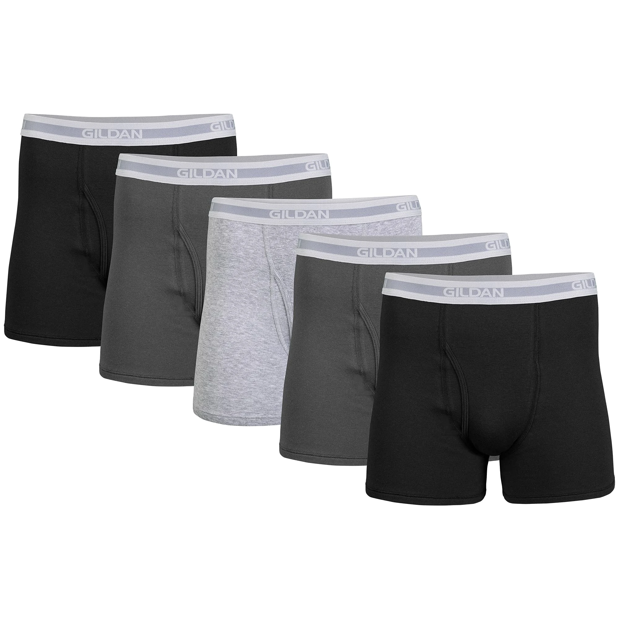 Gildan Men's Underwear Boxer Briefs, Multipack, Black/Charcoal/Sport Grey (5-Pack, Shorter Length), L (Pack of 5)