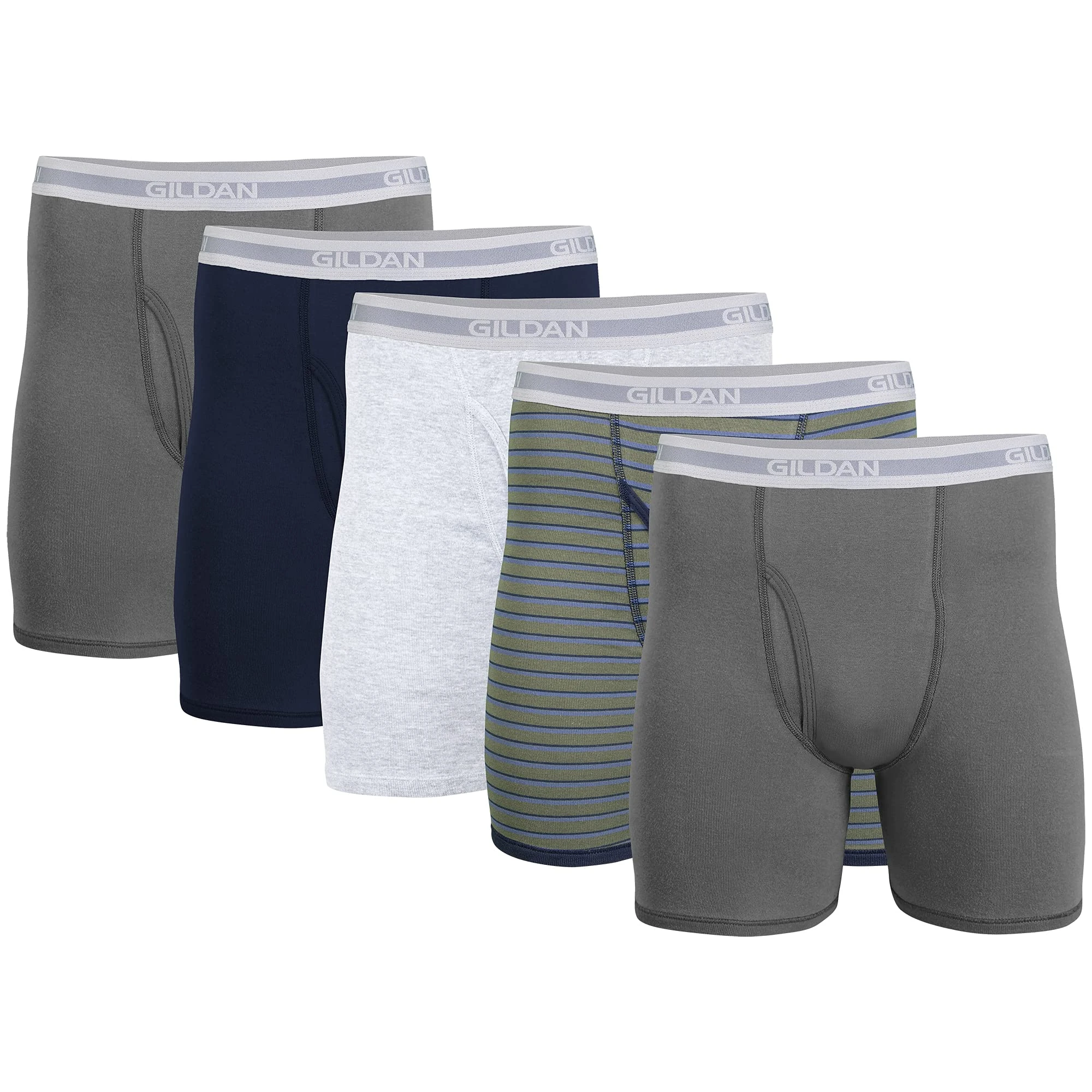 Gildan Men's Underwear Boxer Briefs, Multipack, Charcoal/Navy/Sport Grey/Military Stripe/Charcoal (5-Pack, Classic Length), L (Pack of 5)
