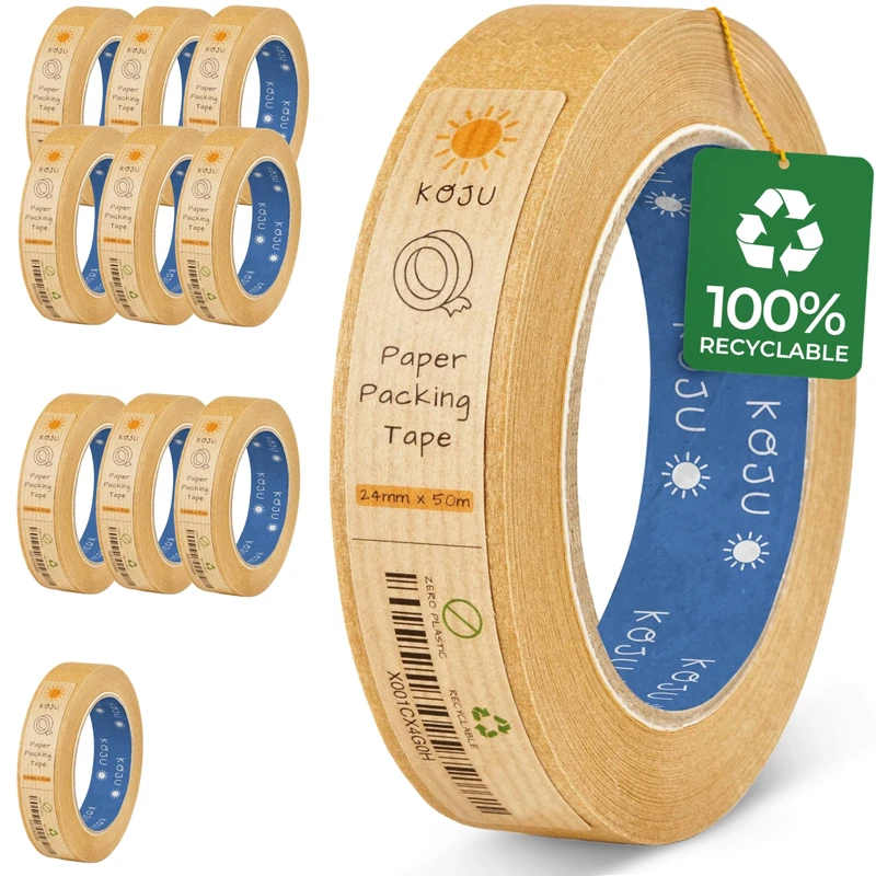 Koju Kraft Paper Packing Tape 24mm x 50m | 1/3/6/36 packs | Eco Friendly & Recyclable Brown Paper Tape for Parcel Packing & Picture Framing | 1 Pack
